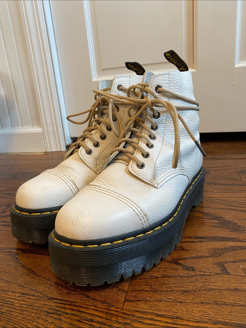 Dr. Martens Sinclair White Leather Platform Combat Boots with Black Sole